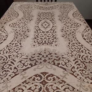 Vtg Cotton Lace Tablecloth 70"x48" - Taupe and Bone - EUC